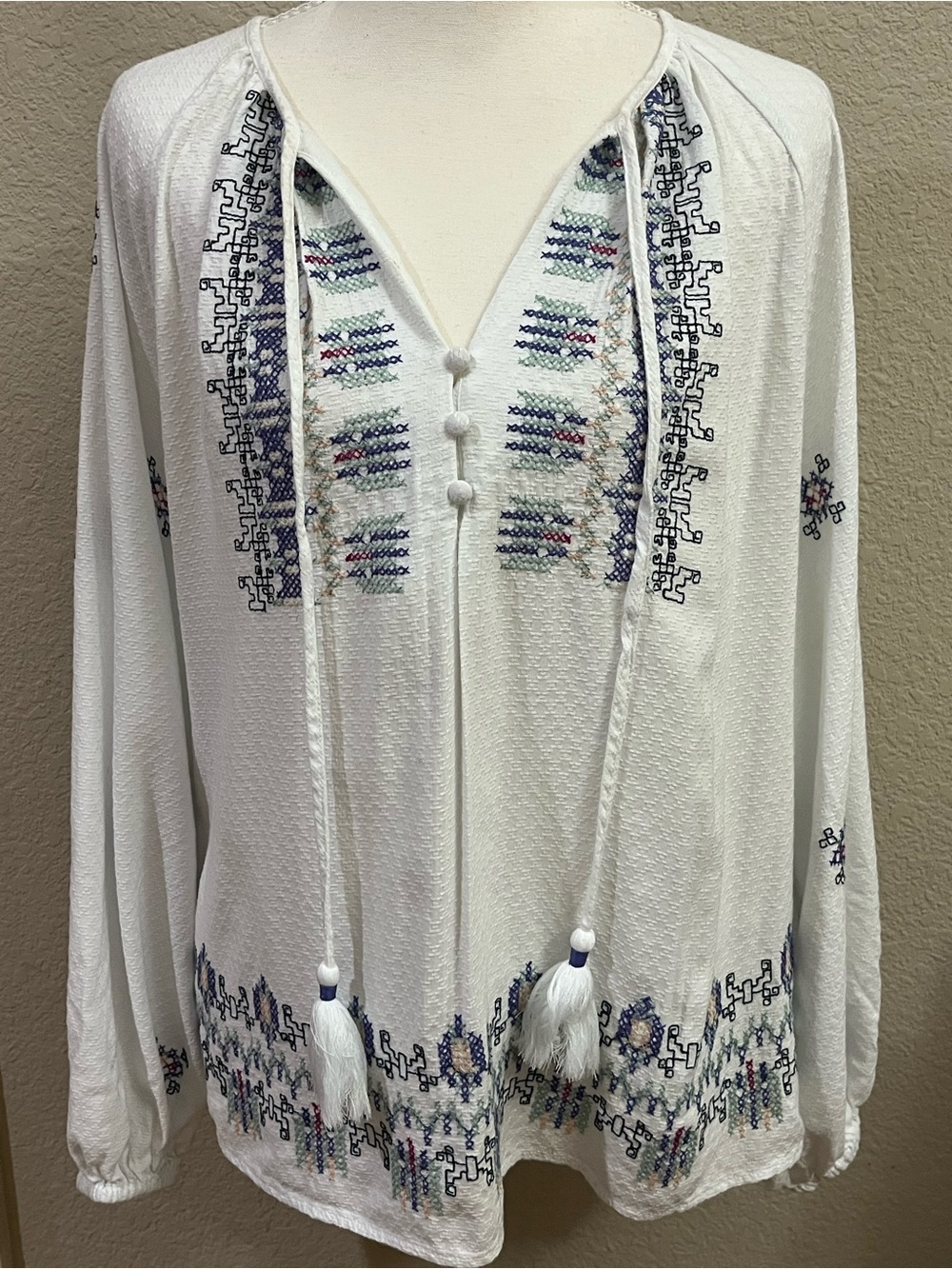 Knox Rose Boho Peasant Cotton Blend Long Sleeve Blouse